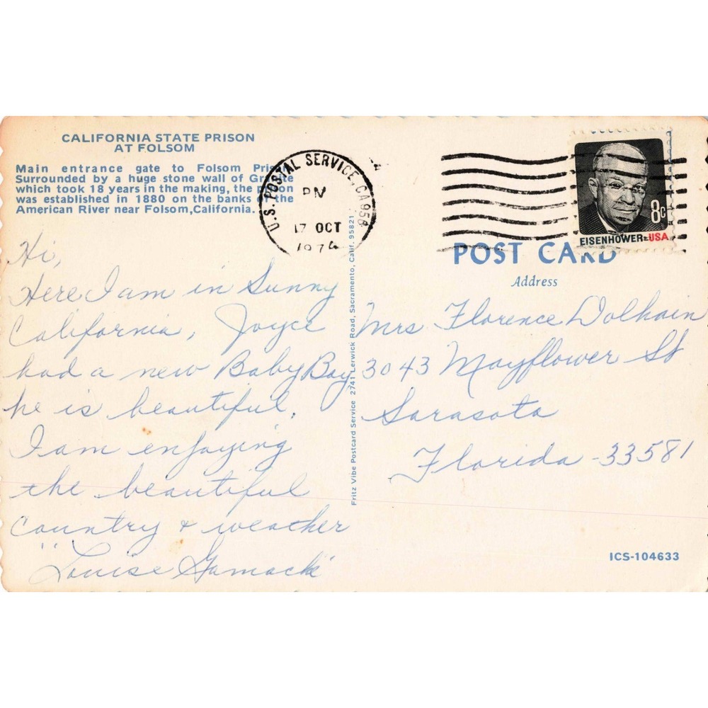Vintage Folsom State Prison California Postcard 1974 Postmark Fred Shorthill VG+ - Picture 2 of 2